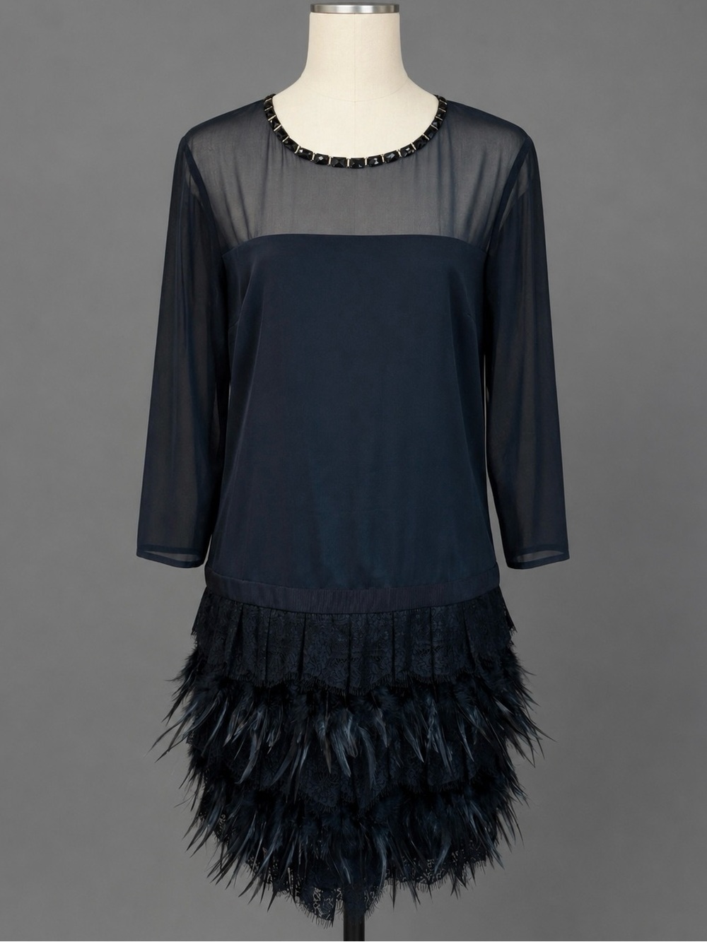 DKNY Donna Karin New York Runway 2012 Black Lace Feather Tiered Cocktail Dress